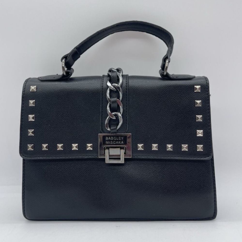 Badgley Mischka Black Structured Top-Handle Studded Satchel